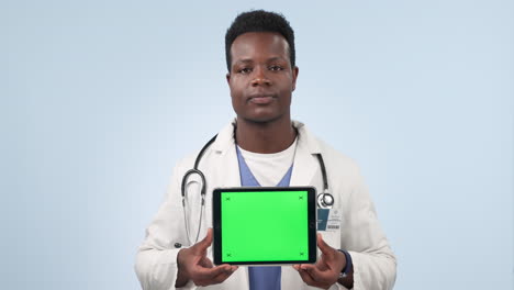 Black-man,-doctor-and-tablet-with-green-screen