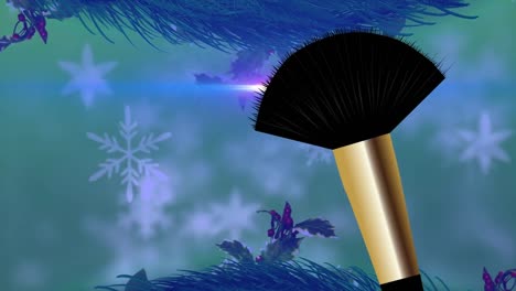 Animation-of-snow-falling-over-make-up-brush-over-green-background