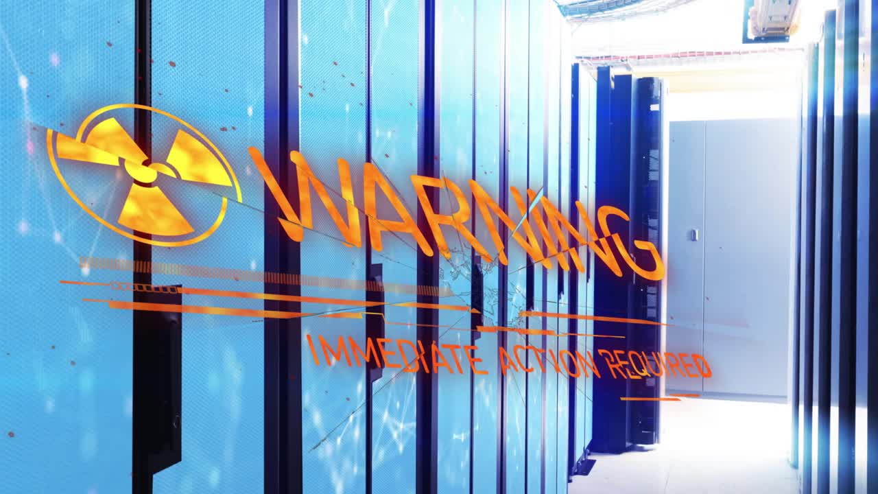 Orange hazard symbol fading over server cabinets, sliding lines morphing into WARNING urging action