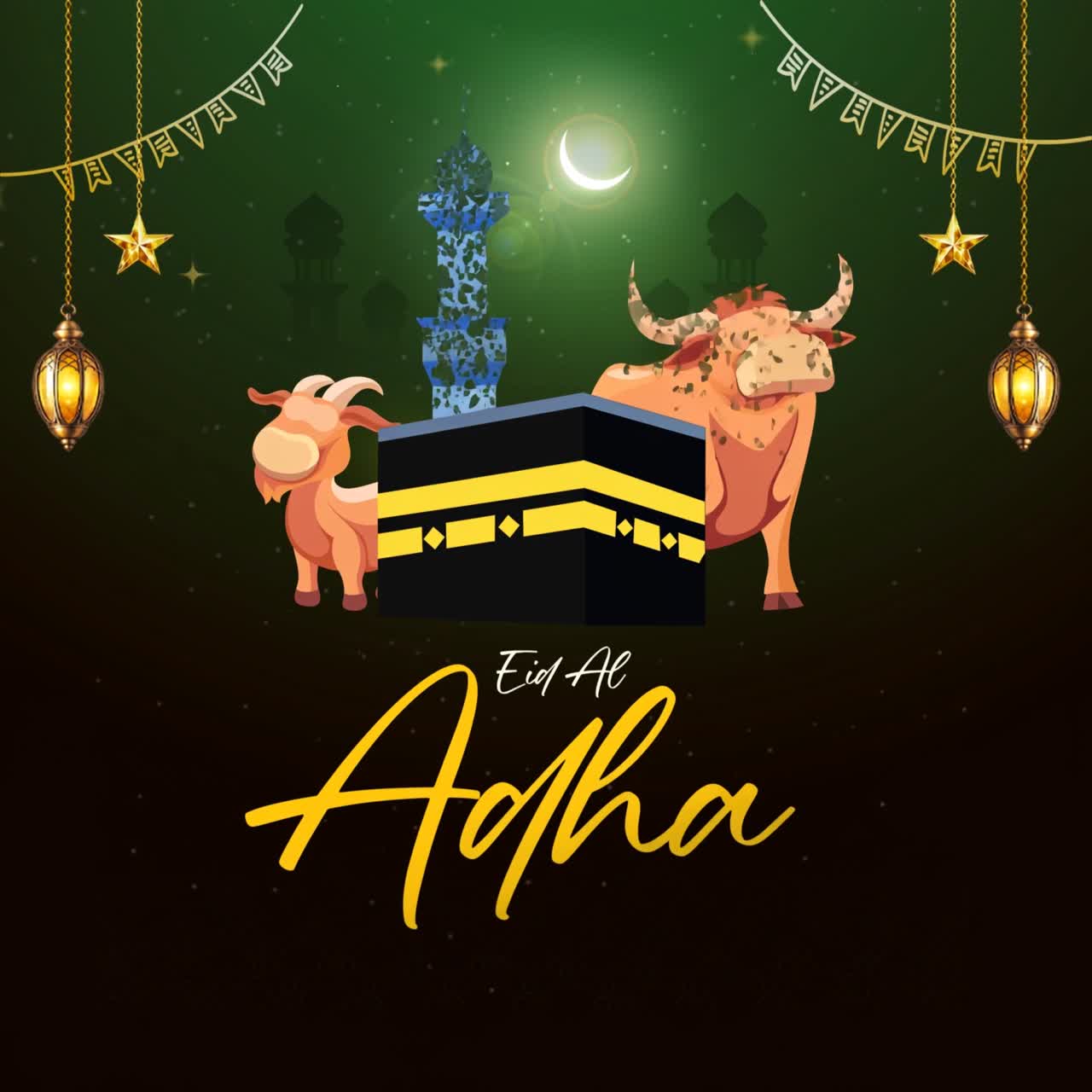 Banner animato Eid al-Adha Mubarak con moschea della Kaaba, capre, luna crescente e lanterne in un'ambientazione notturna festiva decorativa verde.