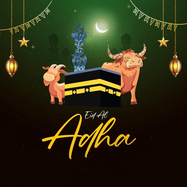 Banner animato Eid al-Adha Mubarak con moschea della Kaaba, capre, luna crescente e lanterne in un'ambientazione notturna festiva decorativa verde.