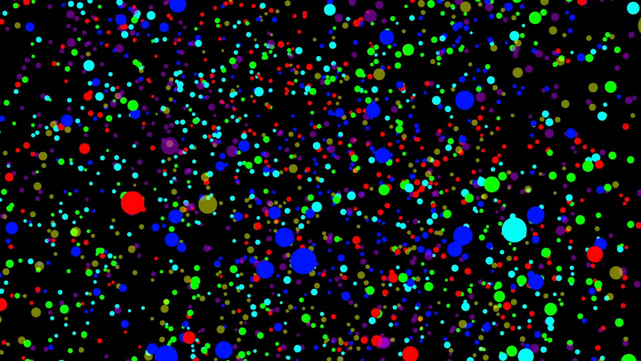 검은 바탕에 떨어지는 다채로운 공, 다채로운 원의 축제 애니메이션.