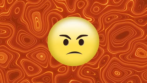 Animation-of-yellow-angry-emoticon-over-orange-wave-patterned-background