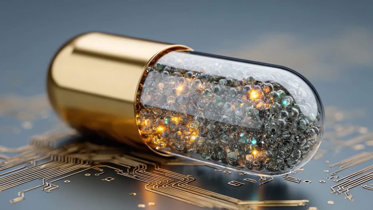 A Stunning Visualization of a Capsule Filled with Shimmering Microbeads Set Against a Circuit Board Background, Illustrating the Fusion of Medicine and Technology