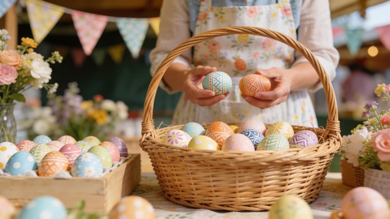 Reaching crate hands in floral apron choosing placing eggs in wicker basket at stall for sale