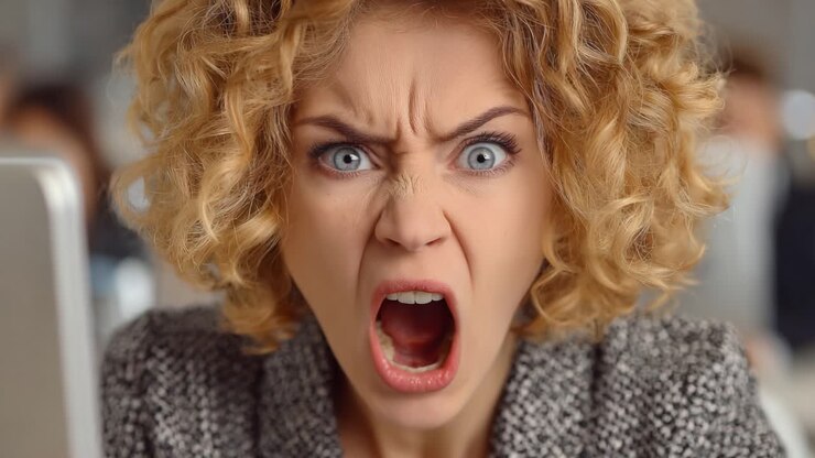 Réaction émotionnelle intense capturée : une femme frustrée exprimant sa colère et son mécontentement dans un environnement professionnel, illustrant les difficultés de la vie professionnelle moderne