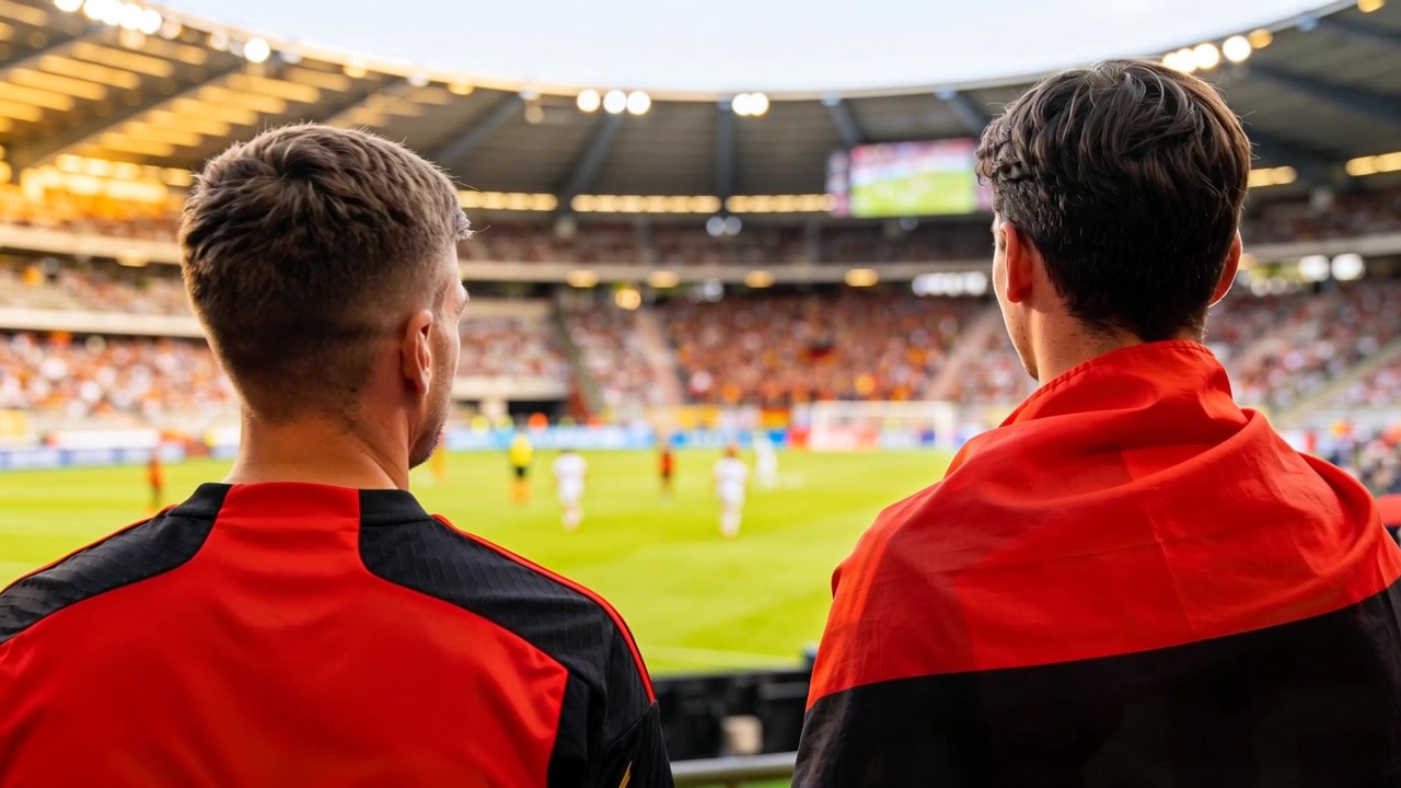 Due tifosi che si sporgono e seguono il gioco mentre la palla si avvicina al campo, indossando giacca e bandiera.