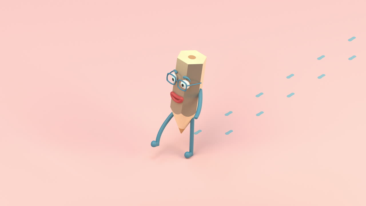 Cartoon pencil character with footprint on the floor,  loop animation, 3d rendering.