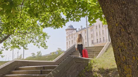 brunette with formal clothes and luggage traveling for work, sunny day