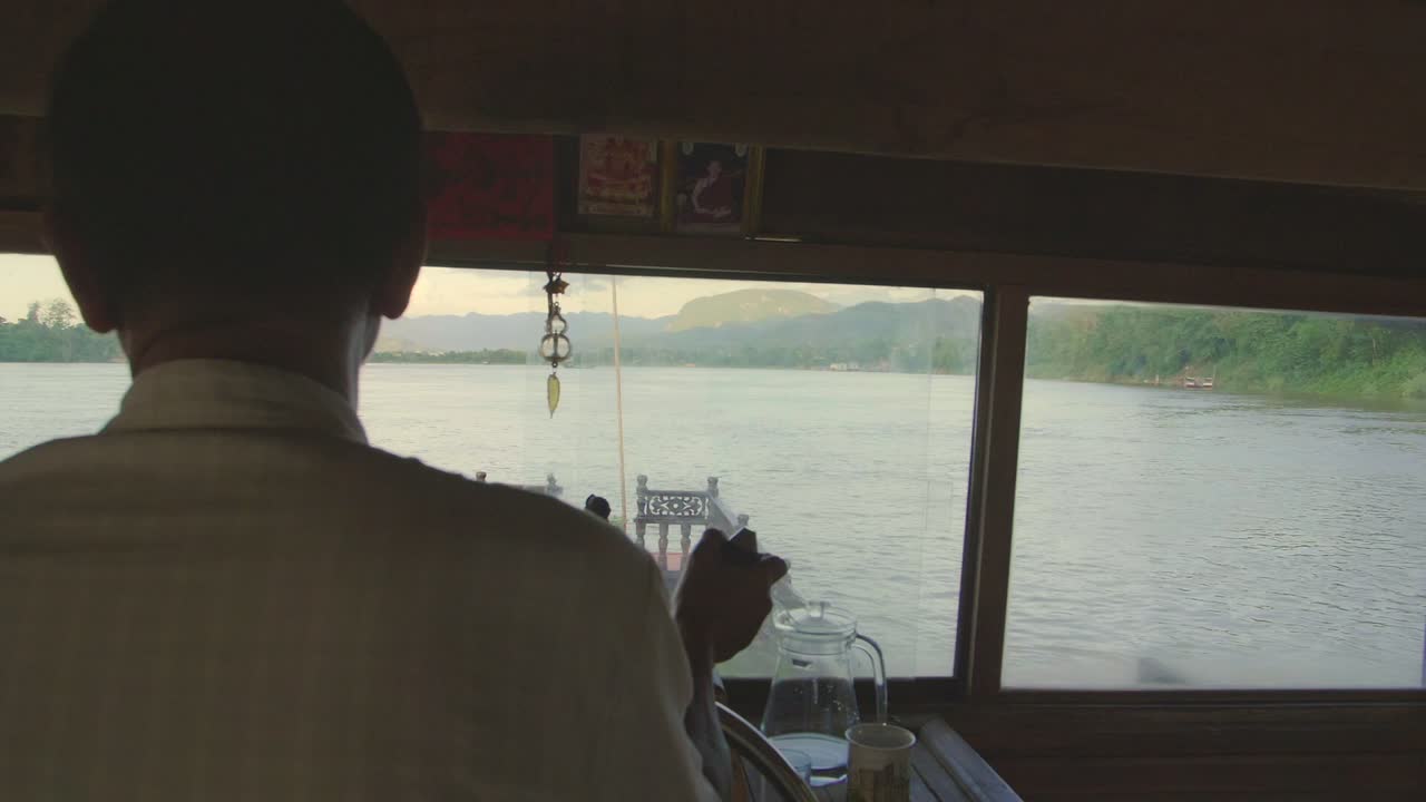 Captain Control Boat On Mekong River,Slow Motion
