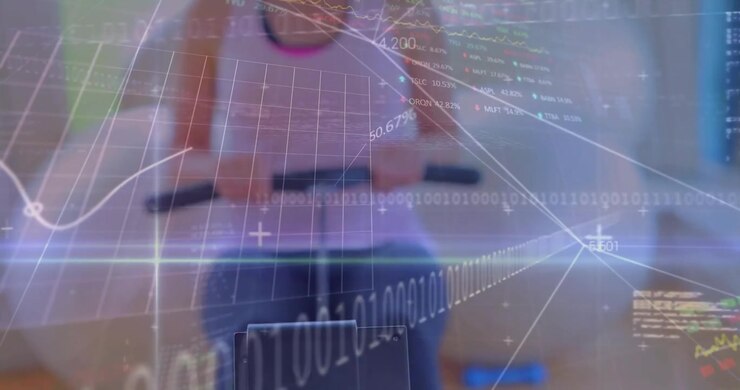 Woman gripping handlebars and pedaling projecting graphs and percentage data for fitness monitoring