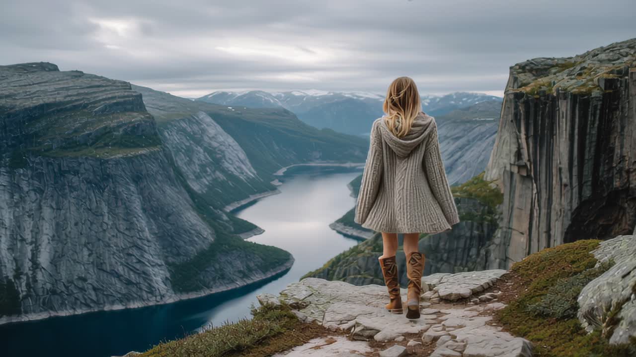 Rear view of a young woman in warm sweater and boots standing on rocky cliff, looking over a winding fjord with steep mountains under cloudy sky