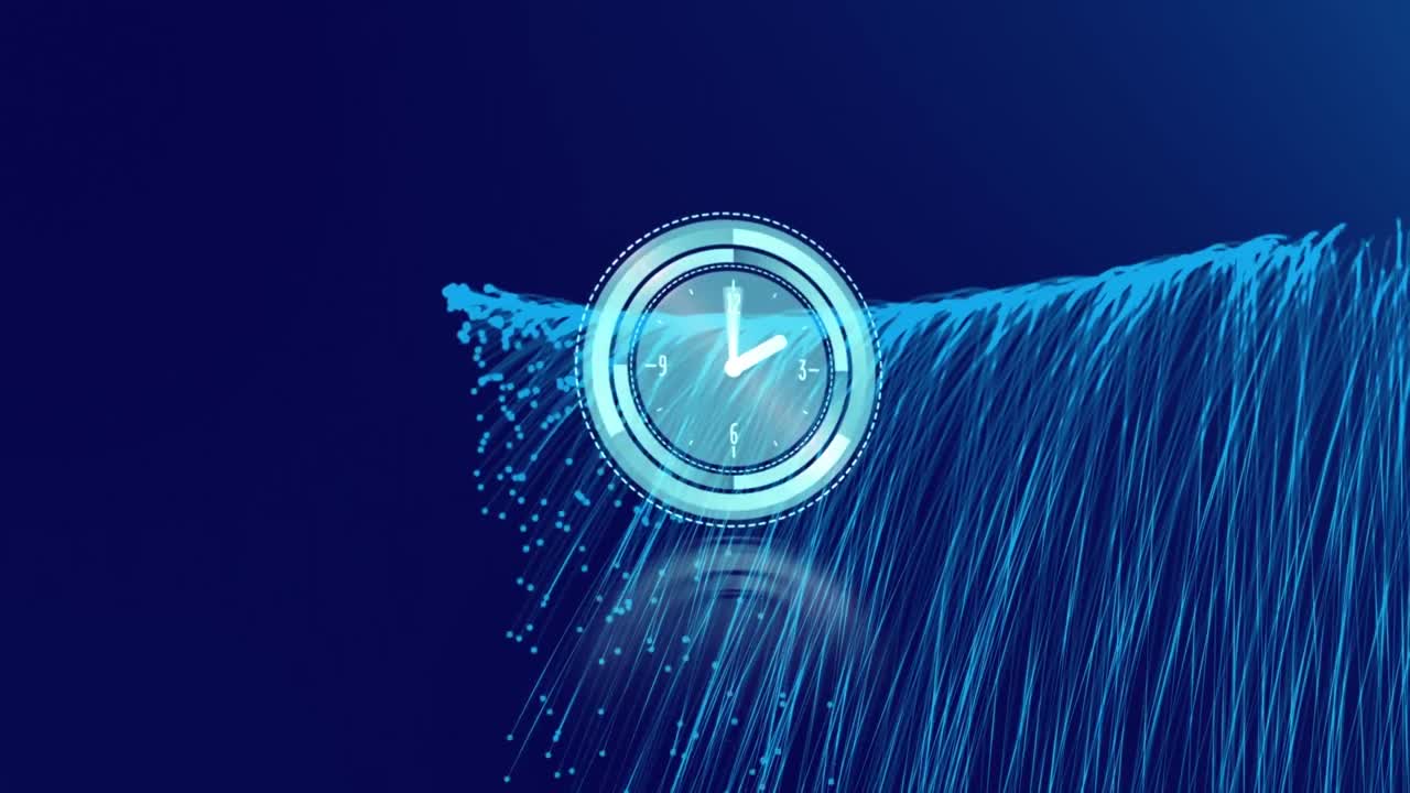 animación del reloj sobre senderos azules sobre fondo azul oscuro