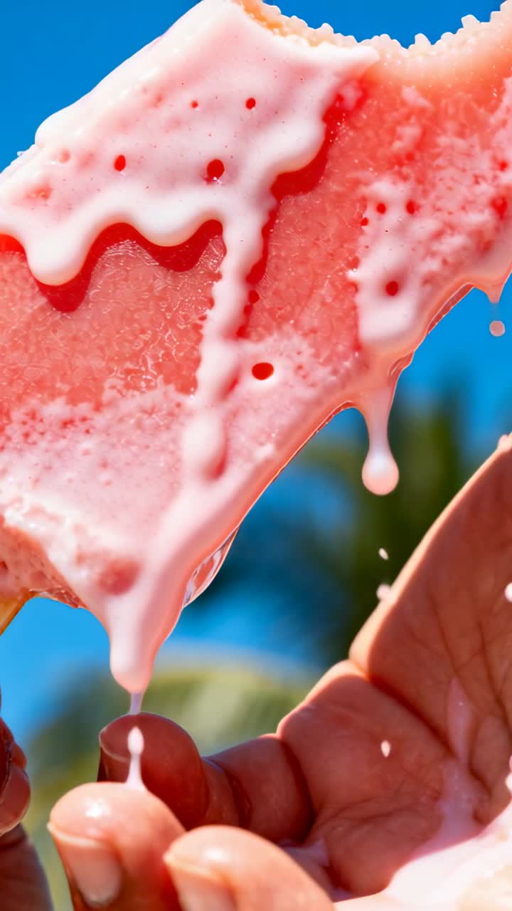 Video verticale: Ghiacciolo rosa che si scioglie su un bastoncino, gocciola glassa al sole vicino a una palma, mano che lo afferra.