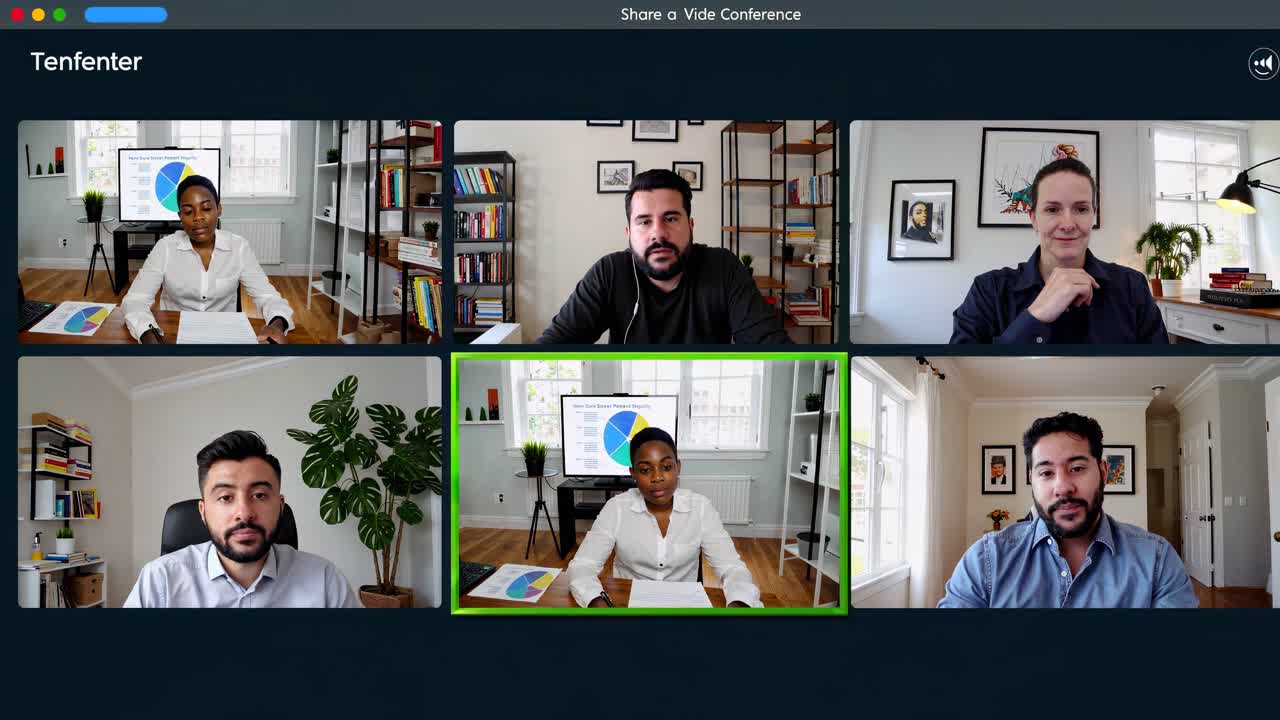 Video conference call with six diverse professionals in a grid layout, viewed from a front-facing