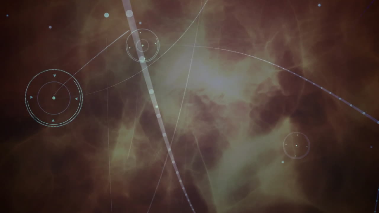 3D HUD reticle hovering over nebula display, intersecting glowing data lines mapping space