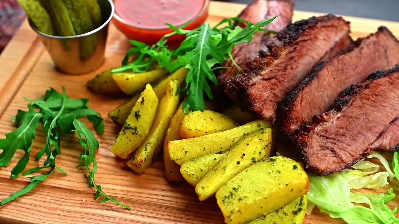 Grigliata mista con patate e salsa servita su un tagliere di legno per pranzo. Fette di grigliata mista servite con patate arrosto e salsa su un tagliere di legno all'ora di pranzo.