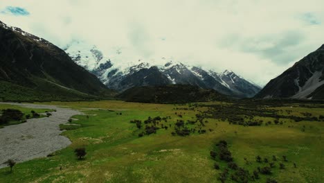 mount cook national park, new zealand aerial drone of valley mountains