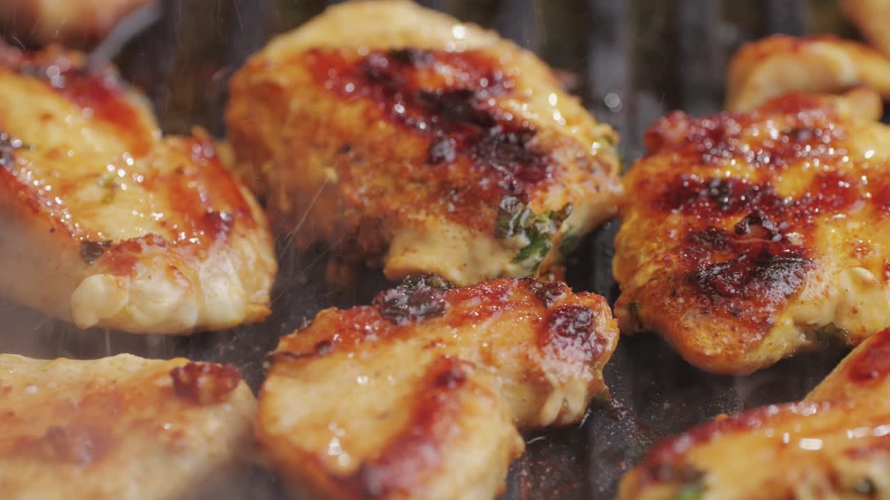 Cooking raw chicken meat in yellow turmeric spice with garlic and greens on grill close-up. Fry chicken slice on frying.pan Grilled chicken, duck, turkey kebab with vegetables.