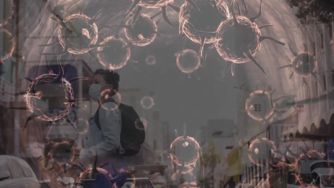 마크로 바이러스와 코로나바이러스 코로나19 세포가 얼굴 마스크를 착용한 여성에게 퍼지는 애니메이션