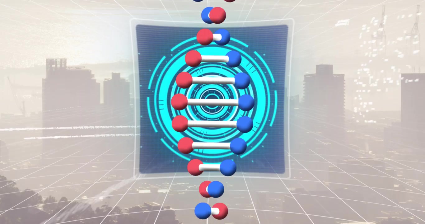 Animation of scope scanning with data processing and dna strand over cityscape