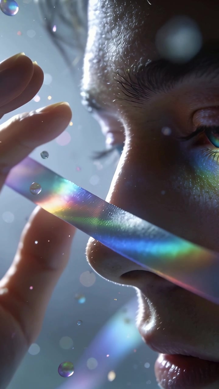 Vertical video: Hand nearing woman's face guiding prism strip in studio, casting rainbow mist