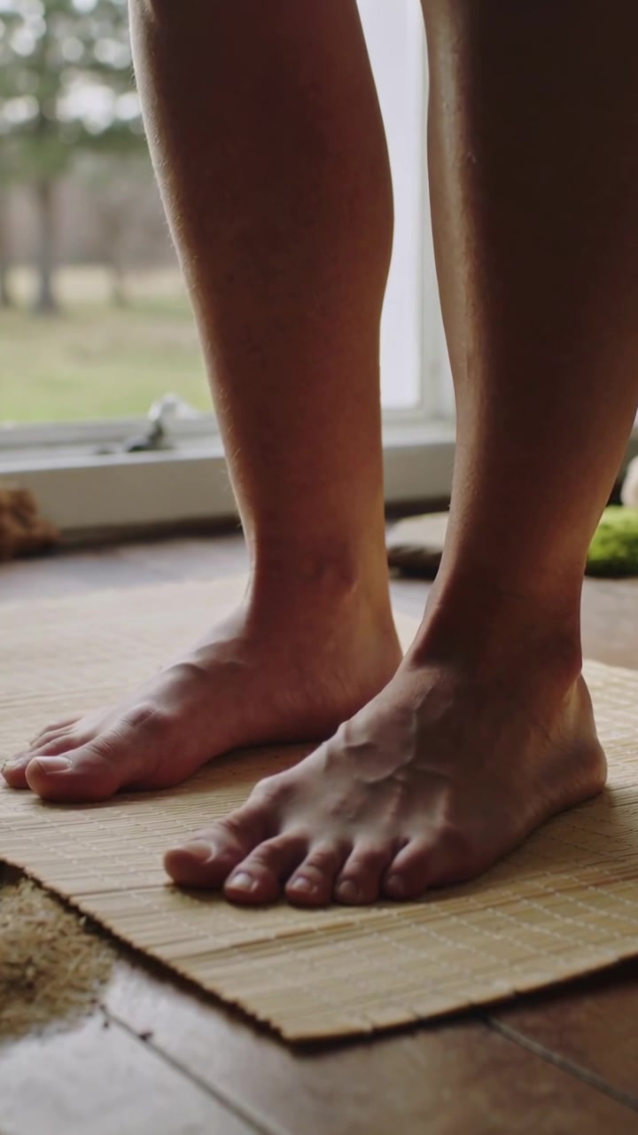 Vertical video: Shifting bare feet on woven mat after placement adjusting toes ankles at glass door