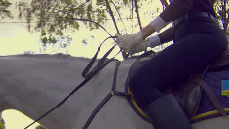 female riding a white horse in full jockey uniform, low angle close up