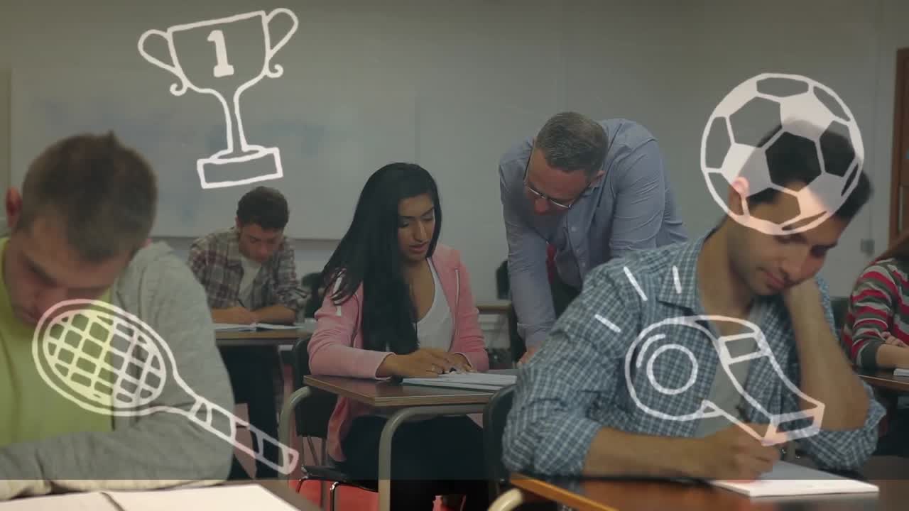 íconos del concepto de la universidad contra el profesor que enseña a la estudiante femenina en la universidad