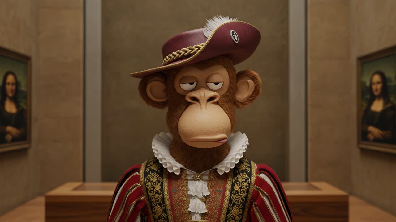 A whimsical monkey character clad in Renaissance attire poses in a gallery, adorned with famous Mona Lisa paintings, creating a humorous fusion of art and playful imagination