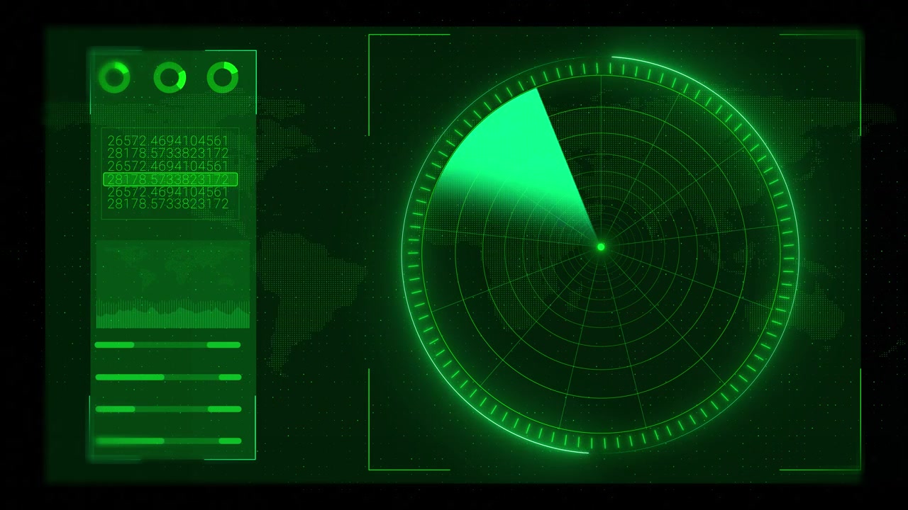 Display HUD scanner verde futuristico con scansione radar, punti della mappa globale, pannelli numerici e bagliore.