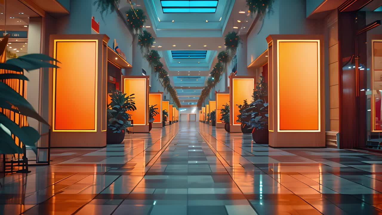Bright Modern Shopping Mall Hallway with Orange Displays