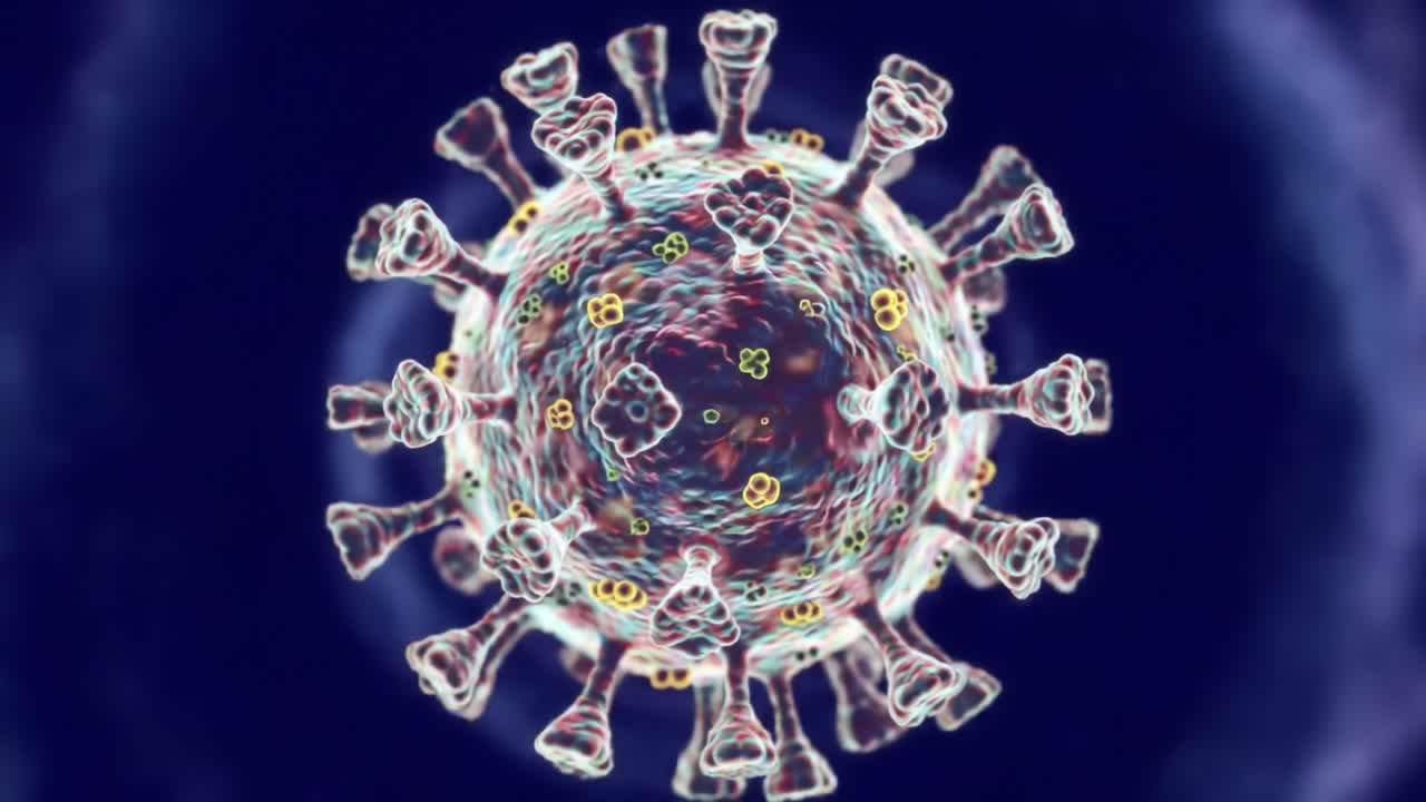 Detailed Visualization of a Viral Particle Showing Its Unique Structure and Composition Under Microscope, Highlighting the Surface Proteins and Genetic Material for Educational Purposes