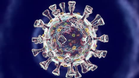 detailed visualization of a viral particle showing its unique structure and composition under microscope, highlighting the surface proteins and genetic material for educational purposes