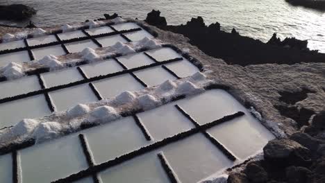 a wide shot of a saltwork grid and the sea next to it