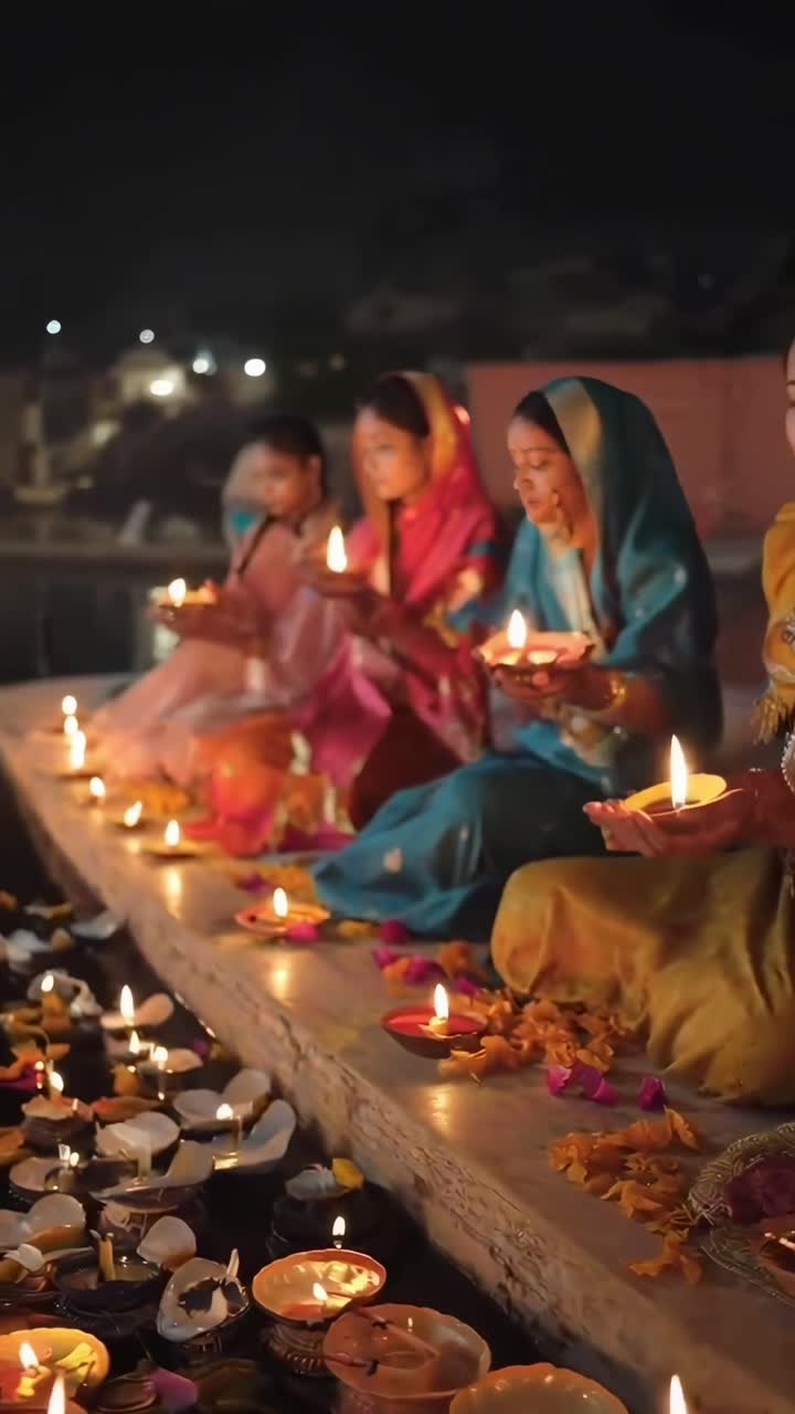 A vibrant video captures women in traditional attire holding lamps, side angle view