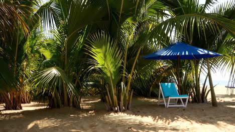 tropical beach oasis with palm trees, umbrella, and lounge chair