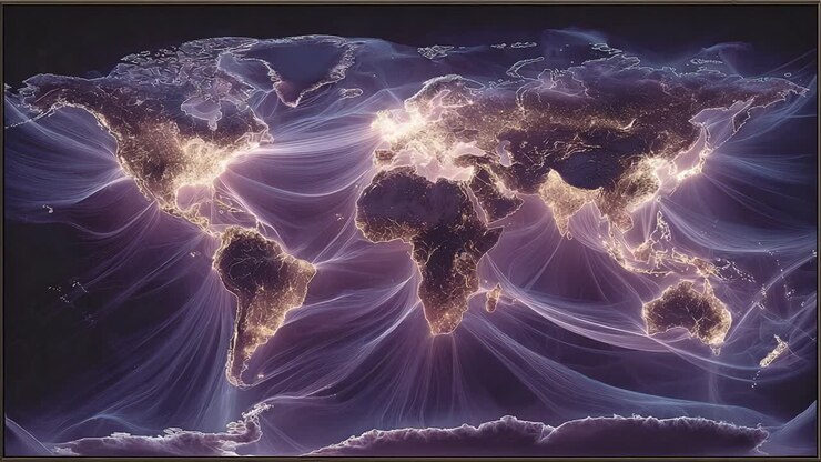 Mappa animata del mondo che mostra la connettività globale con continenti luminosi e flussi di dati. Rappresentazione di affari internazionali, reti di comunicazione e dell'economia globale interconnessa.