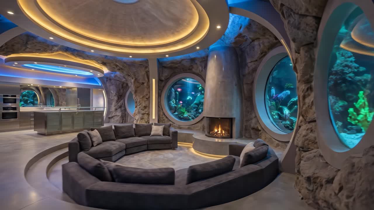 Lujoso salón moderno con grandes acuarios y chimenea