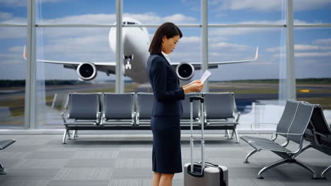 woman at airport terminal waiting for a flight with a plane on the tarmac