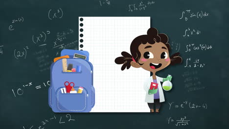 niña de escuela, mochila y iconos de papel contra ecuaciones matemáticas en la pizarra