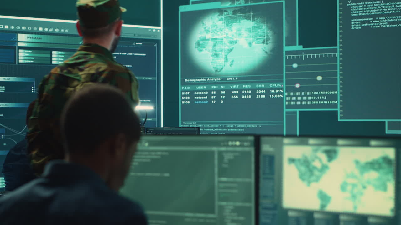 Military hackers working on cyber security in a high tech government center