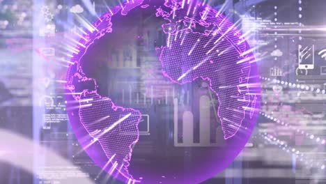 animación del globo con procesamiento de datos e iconos sobre la sala del servidor