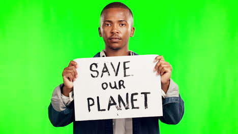 Afrikanischer-Mann,-Grüner-Bildschirm-Und-Plakat-Für-Protest