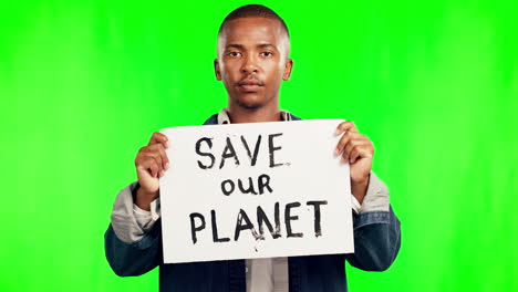 african man, green screen and poster for protest