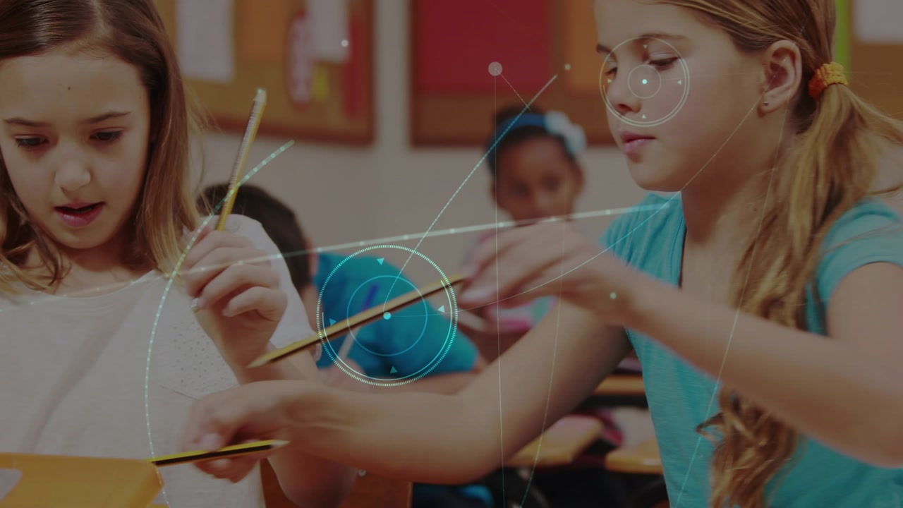 Animation of network of connections over two caucasian girls studying in the class at school