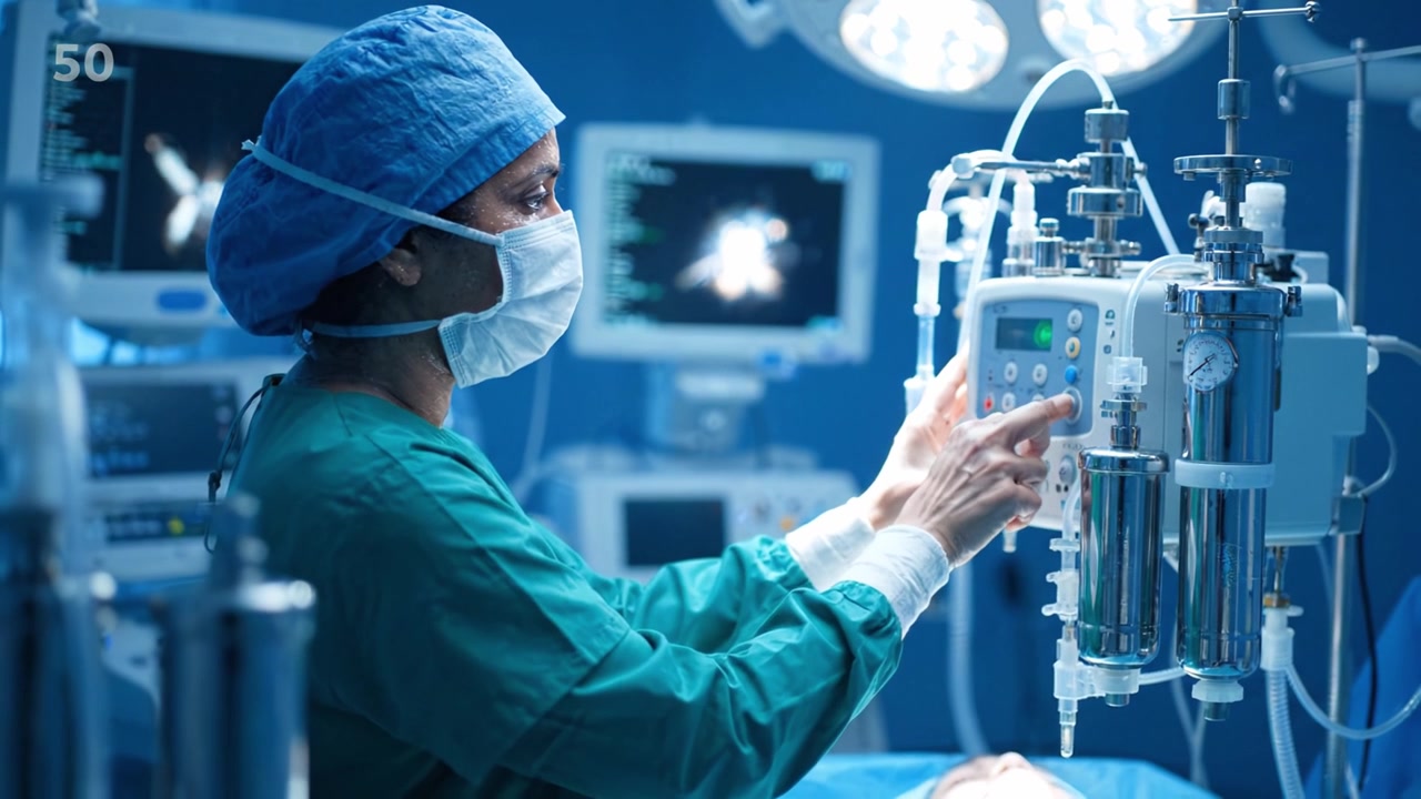 Medical Procedure in Highly Advanced Operating Room with Focus on Healthcare Professional and Vital Monitoring Equipment During Surgery Process and Patient Care