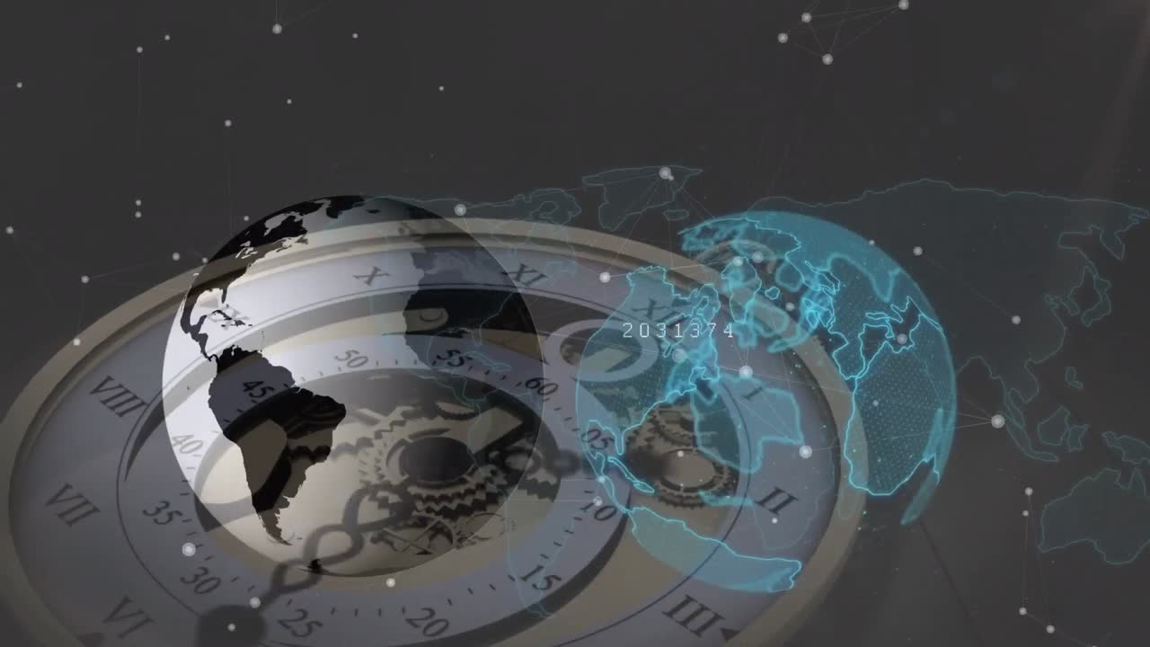 연결 네트워크와 떨어지는 시계에 대한 데이터 처리와 함께 지구의 애니메이션