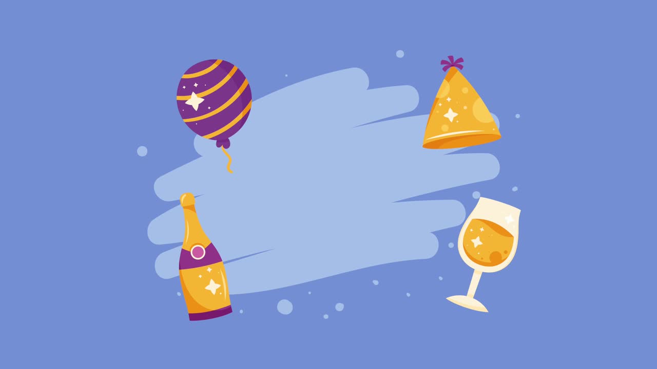 Party Celebration with Balloons, Hat, Champagne, and Wine Glass
