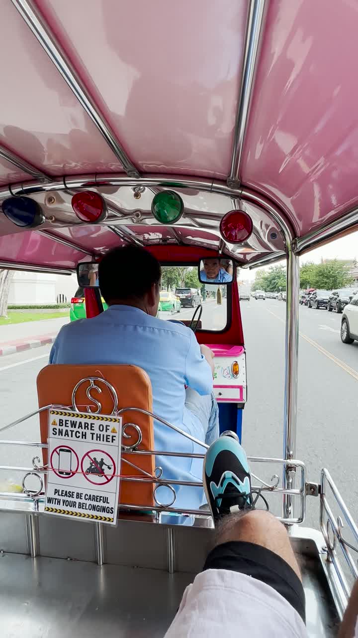 A series of images showing a tuk-tuk ride through the streets of Bangkok, Thailand, featuring a 'Beware of Snatch Thief' warning sign.